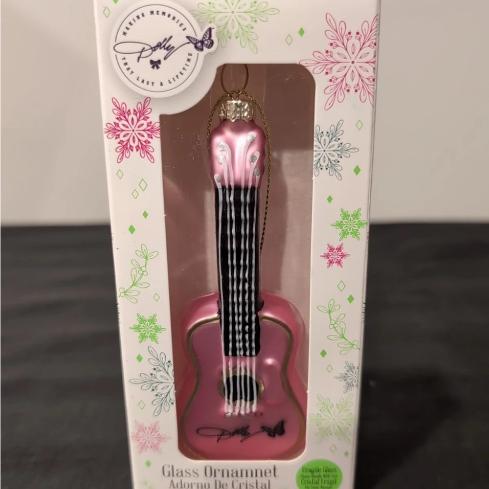 Dolly Parton Pink Guitar Glass Christmas Ornament